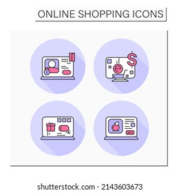 E-commerce color icons set. Interactive content, mobile payment, shopping, buy online. Mobile retail store. Isolated vector illustration