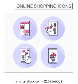 E-commerce color icons set. Interactive content, mobile payment, shopping, buy online. Mobile retail store. Isolated vector illustration