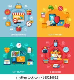 Ecommerce colored composition set with online shopping safety payment fast delivery headlines vector illustration