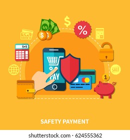 Ecommerce colored flat composition with tools for pay and safety payments headline vector illustration