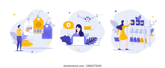 E-commerce comfortable service flat concept vector illustrations set. Choose, order and tracking products cartoon composition. Internet technology in business creative idea for website, presentation