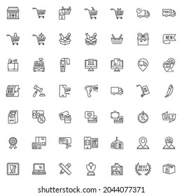 Ecommerce, commerce line icons set. linear style symbols collection, outline signs pack. Online shopping vector graphics. Set includes icons as cash register, atm machine, online payment, shipping