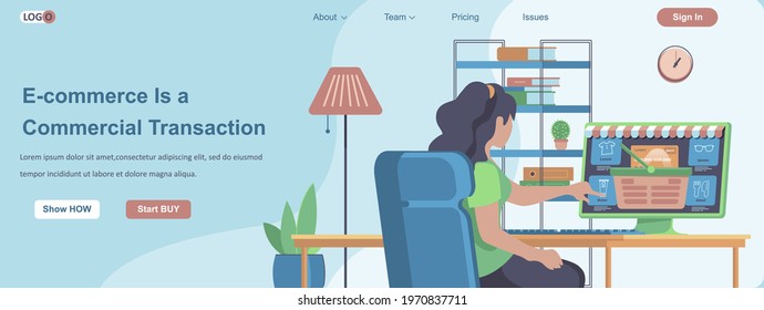 E-commerce Is a Commercial Transactions web banner concept. Woman makes purchase at store website, online shopping landing page template. Vector illustration with people characters in flat design