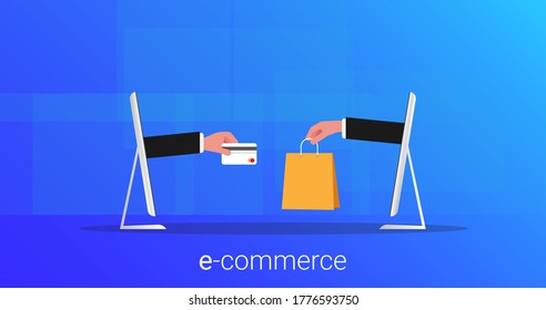 E-Commerce. Computers With Hands Giving Credit Card And Shopper Bag Through Screens, Shopping Online Over Blue Background. Vector Illustration, Panorama