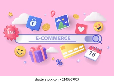 E-commerce concept 3D illustration. Icon composition with search bar, credit card, gift and other. Online shopping, choose goods and make purchases at sales. Vector illustration for modern web design