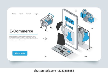 E-commerce concept in 3d isometric landing page outline design. Woman buys clothes in mobile app, pays for purchases with credit card, online shopping, line web template. Vector illustration.