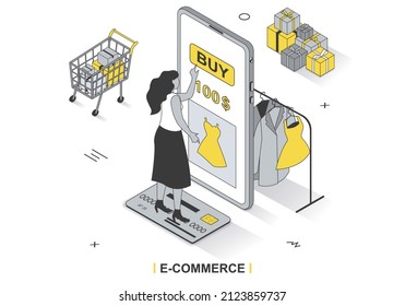 E-commerce concept in 3d isometric outline design. Woman buys clothes in mobile app, pays for purchases with credit card, online shopping, line web template. Vector illustration with people scene