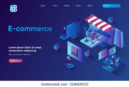 E-commerce concept 3d isometric web landing page. People make purchases, choose good on website of store, pay online with credit card, use delivery service. Vector illustration for web template design