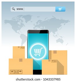 E-commerce concept with address bar above cardboard boxes and smartphone , vector , illustration