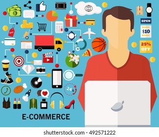 e-commerce concept background. Flat icons.