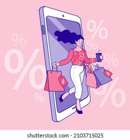 Concepto de comercio electrónico. Cartel, aplicación móvil, página de aterrizaje, mujer cargando bolsas de compras, usaron una aplicación móvil en un smartphone. Entrega rápida. Ilustración del contorno del vector.