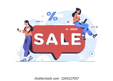 E-Commerce Konzept eines großen Rabatt, Promotion und Abrechnung Verkauf für Online-Käufer. Glückliche Charaktere kaufen in einem Online-Shop. Rabatt auf Bannerdesign. Online-Shopping-Konzept. Farbige Vektorgrafik