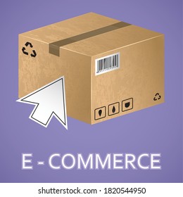Concepto de comercio electrónico. Haga clic sobre una caja de cartón - Vector
