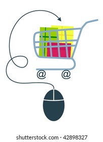 E-commerce concept with computer mouse and shopping trolley. Vector version.