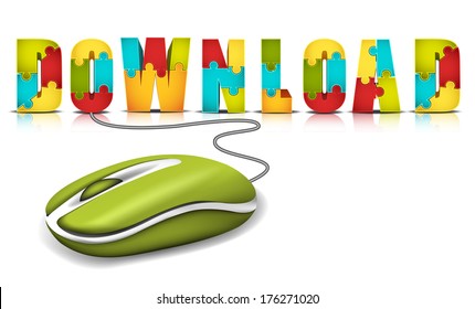 E-commerce concept with computer mouse and words made of puzzle.Vector illustration.