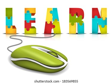 E-commerce concept with computer mouse and words made of puzzle.Vector illustration.