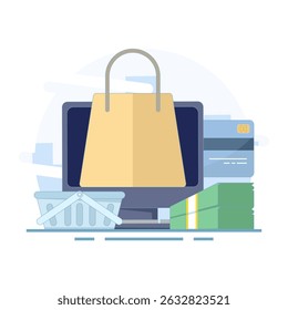 E-commerce concept. Computer and shopping bag are symbols of online shopping. E-commerce online shopping via mobile phone. Making purchases using mobile applications. Flat design illustration.