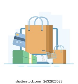Conceito de comércio eletrônico. Computador e sacola são símbolos de compras online. Compras on-line via telefone celular. Fazer compras usando aplicativos móveis. Ilustração de design plano.
