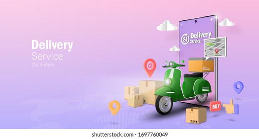 Concepto de comercio electrónico, servicio de entrega en aplicación móvil, transporte o entrega de alimentos por scooter
Banner web con espacio de copia