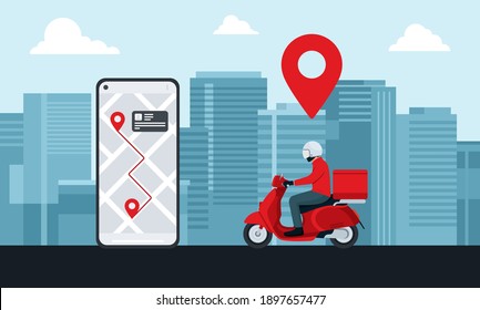 Concepto de comercio electrónico, Servicio de entrega en aplicación móvil, Transporte o entrega de alimentos por scooter Web banner, ilustración vectorial