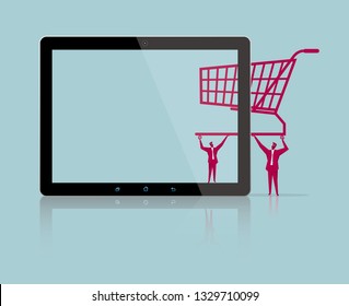 E-commerce concept design. Isolated on blue background.