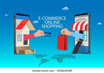 e-commerce concept  design, vector.Online shopping concept desktop with hause , credit card shopping bag, shop, and world map illustration