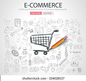 E-commerce Concept with Doodle design style :on line marketing, social media,creative thinking. Modern style illustration for web banners, brochure and flyers.