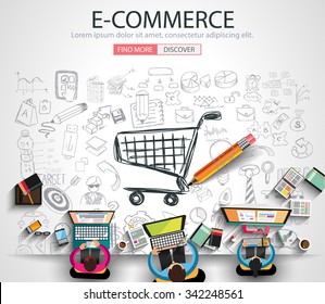 E-commerce Concept with Doodle design style :on line marketing, social media,creative thinking. Modern style illustration for web banners, brochure and flyers.