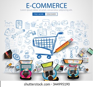 E-commerce Concept with Doodle design style :on line marketing, social media,creative thinking. Modern style illustration for web banners, brochure and flyers.