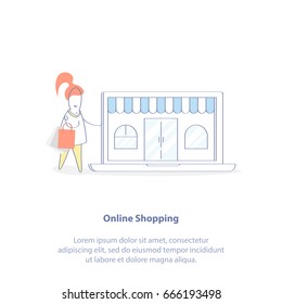 E-commerce Concept with Doodle design style: Online Shopping, Online Store Purchases. Laptop with Internet Shop and Purchaser. Isolated vector illustration in trendy light linear style.