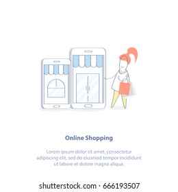 E-commerce Concepto con estilo de diseño Doodle: Compras en línea, compras en línea. Teléfono móvil o tableta con Internet Shop y Comprador. Ilustración vectorial aislada en estilo lineal claro.