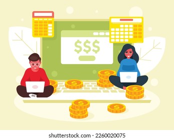 E-commerce concept. Earnings on the Internet. Laptop and there are coins around it. Online payment concept without ATM or bank. Cashback via application. Paying bill using pc. Coding experience