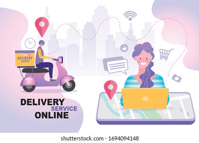 E-commerce concept, Fast delivery by scooter on mobile, Online food order infographic. Webpage, app design. Isolated vector.