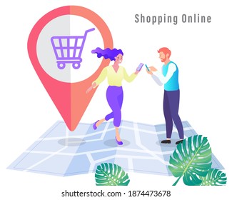 Concepto de comercio electrónico, entrega rápida en el mapa, infografía de pedidos de alimentos en línea. Página web, diseño de aplicaciones. Vector aislado.

