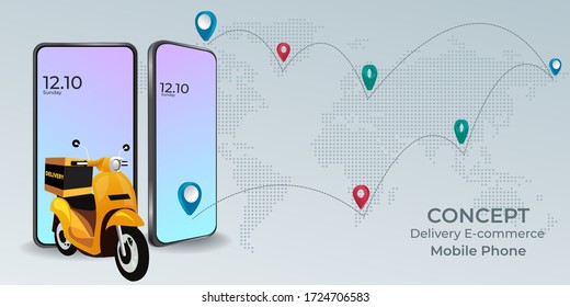 Concepto de comercio electrónico Motocicleta de entrega rápida en el móvil. Orden de alimentos en línea Diseño de aplicaciones web ilustración vectorial