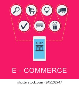 e-commerce concept flat design modern vector illustration icons in stylish colors of smartphone screen with business icons.