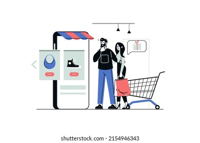 E-commerce concept in flat line design. Man and woman search and choose goods on website of store in mobile application and pay for purchases. Vector illustration with outline people scene for web