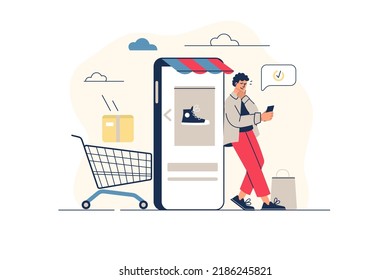 Concepto de comercio electrónico en diseño de línea plana con escena de personas. El comprador elige nuevos zapatos en la página de la tienda de moda, hace pedidos online y paga por los productos usando aplicaciones móviles. Ilustración vectorial para web