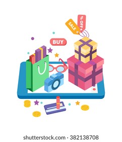 E-Commerce Concept Flat Vector Illustration online shopping isometric