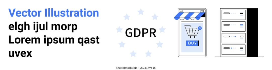 E-commerce concept focusing on GDPR compliance showing a shopping cart on a smartphone, data servers, and GDPR text. Ideal for e-commerce, data security, privacy, compliance, and online shopping