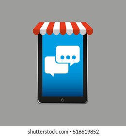 e-commerce concept, hand holding smartphone bubble speech icon vector illustration eps 10
