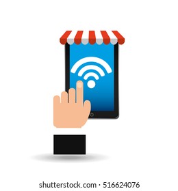 e-commerce concept, hand holding smartphone wifi connection icon vector illustration eps 10