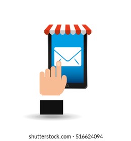 e-commerce concept, hand holding smartphone email envelope icon vector illustration eps 10