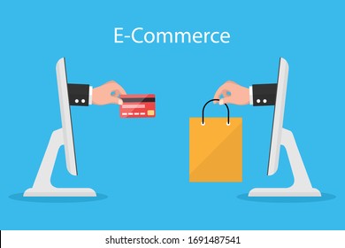 e-commerce concept. hands reaching out of a computer screen holding a shopping bag and  credit card. vector illustration flat design. business marketing online.