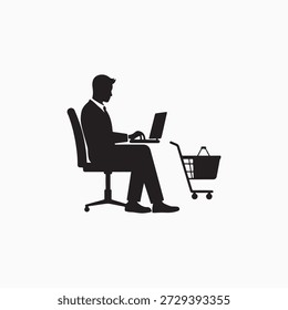 E-Commerce Concept Icon – Hombre Trabajando en Ordenador Portátil con Carrito de compras