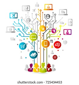 E-commerce concept illustration with colorful icons over circuit board