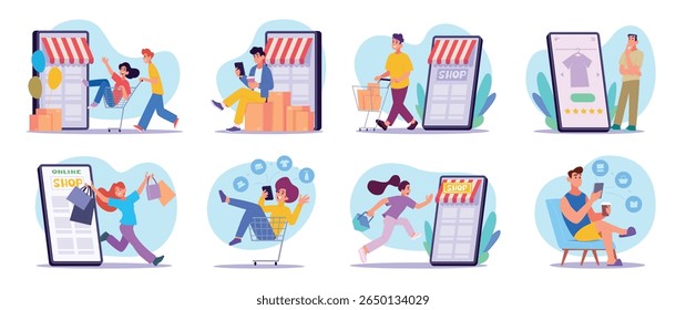 E-commerce. Concept illustration set mobile pictures of digital shopping characters exact vector template