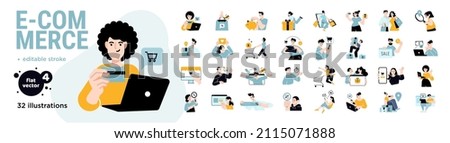 E-commerce concept illustrations. Set of flat design vector illustrations of men and women in various activities of online shopping, ecommerce, sale, product order and delivery. 