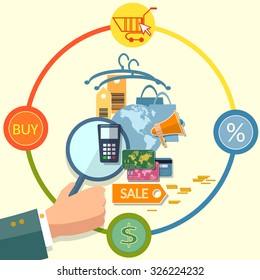 E-commerce concept internet shopping discounts credit cards online store flat vector  
