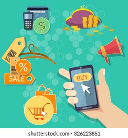 E-commerce concept internet shopping mobile shopping human hand smart phone flat vector  